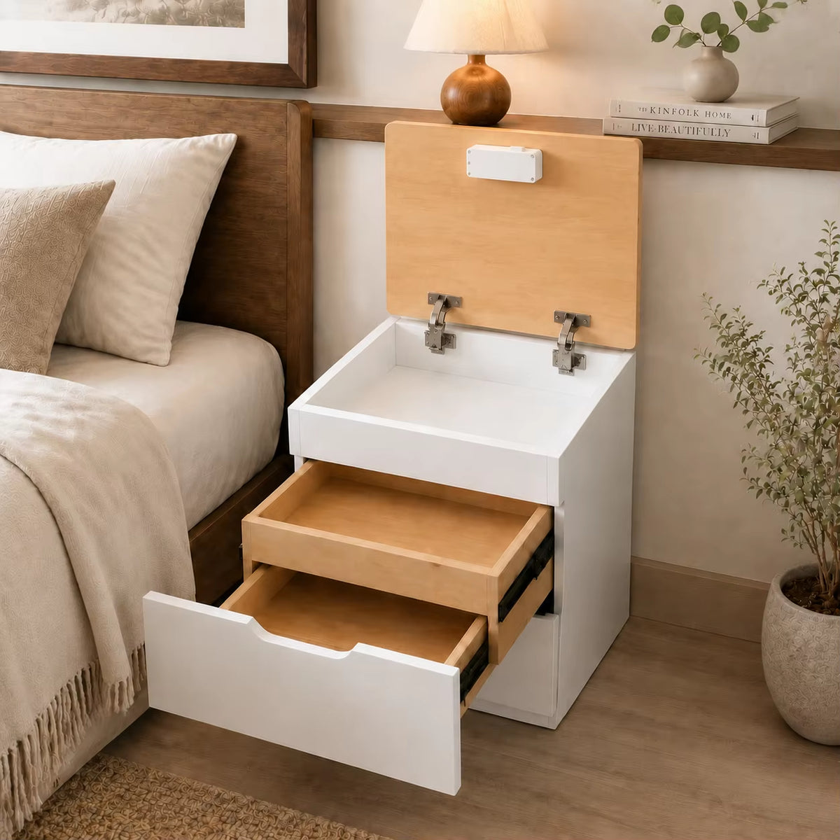Smart Nightstand NFC Lock & Hidden Compartment, Side Storage Bedside Cabinet, Minimalist Secure Furniture for Living Bedroom